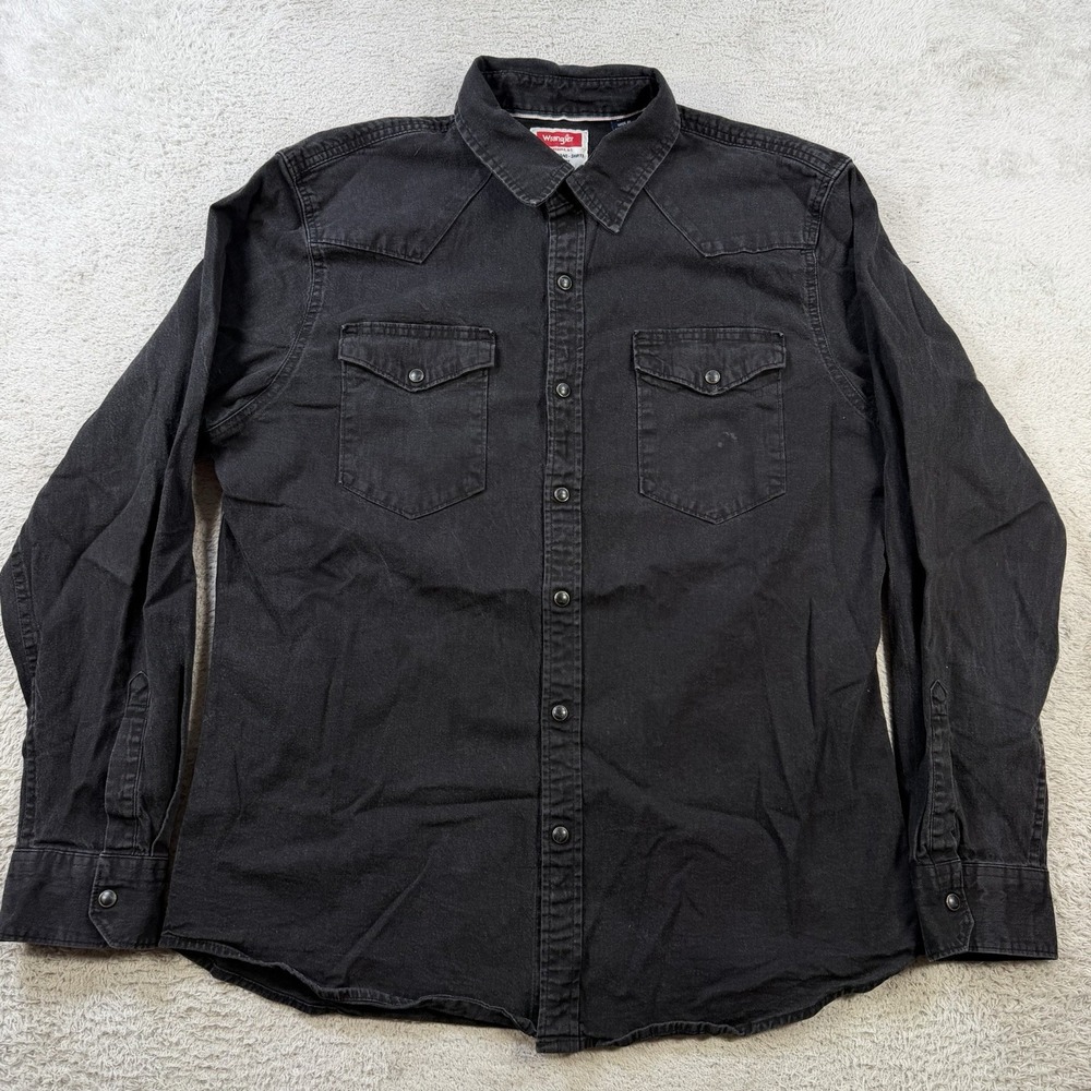 Wrangler Shirt Mens Large Black Denim Pearl Snap Western Cowboy Rodeo Pocket